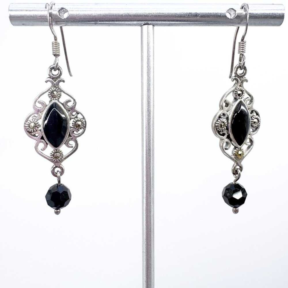Black Onyx Marquise Scroll Design Dangle Earrings VTG 925 Sterling Silver 2" L